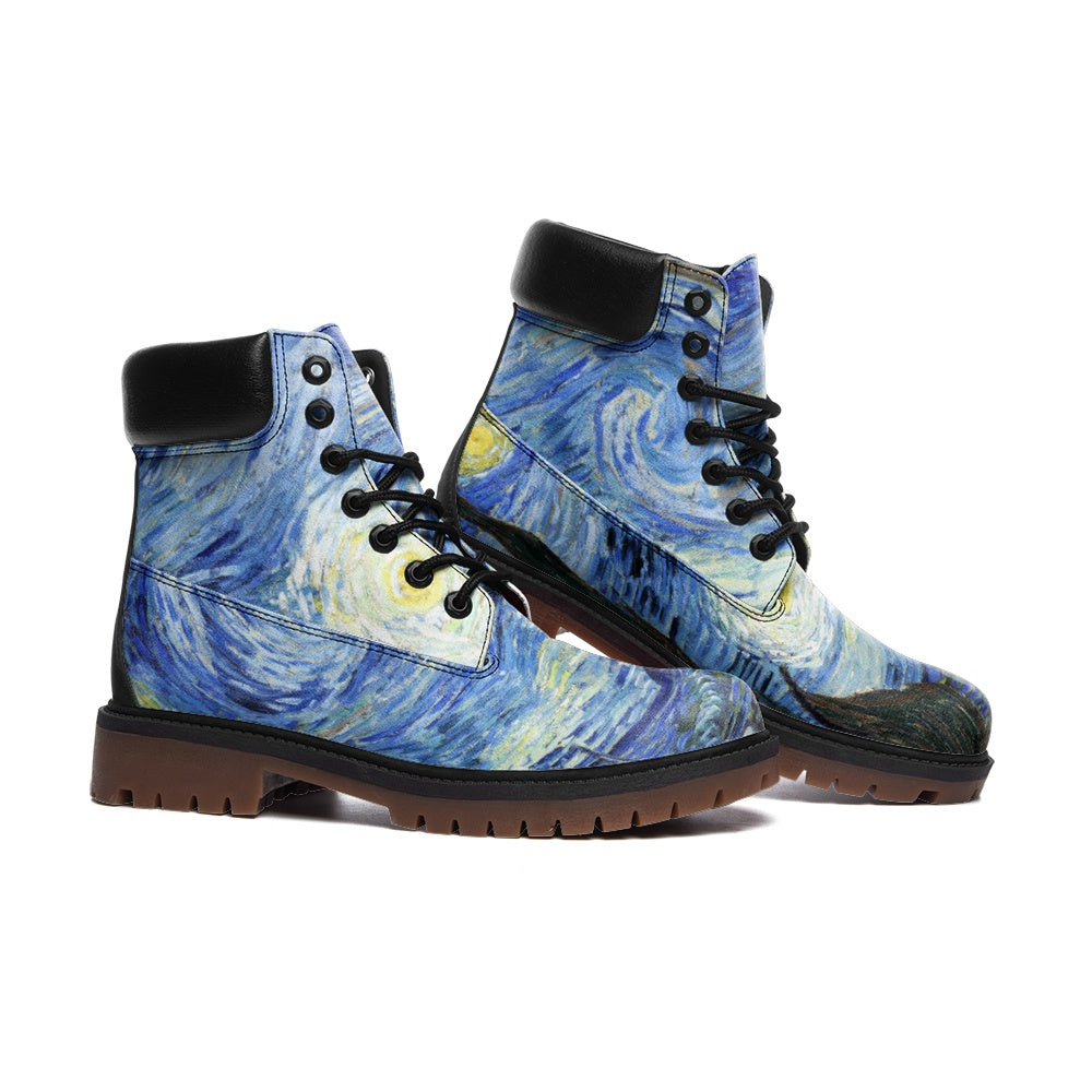 Starry Night Boots, Van Gogh Paint Art, Trendy, Casual Leather Lightweight boots TB