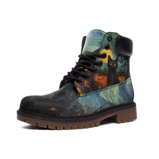 Black Cat Starry Night Combat Boots, Van Gogh Painting, Art Boots, Casual Leather Lightweight boots TB