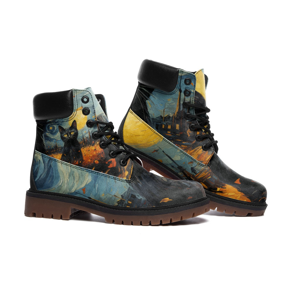 Black Cat Starry Night Combat Boots, Van Gogh Painting, Art Boots, Casual Leather Lightweight boots TB