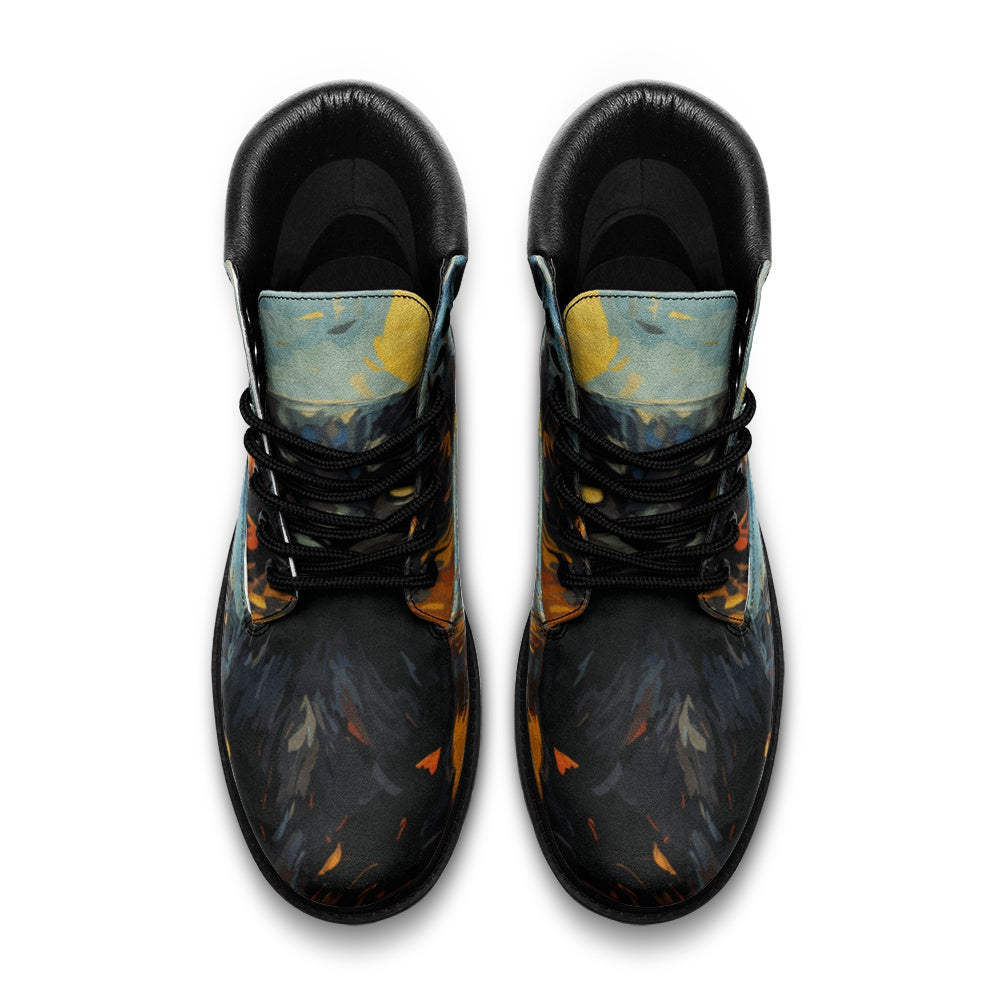 Black Cat Starry Night Combat Boots, Van Gogh Painting, Art Boots, Casual Leather Lightweight boots TB