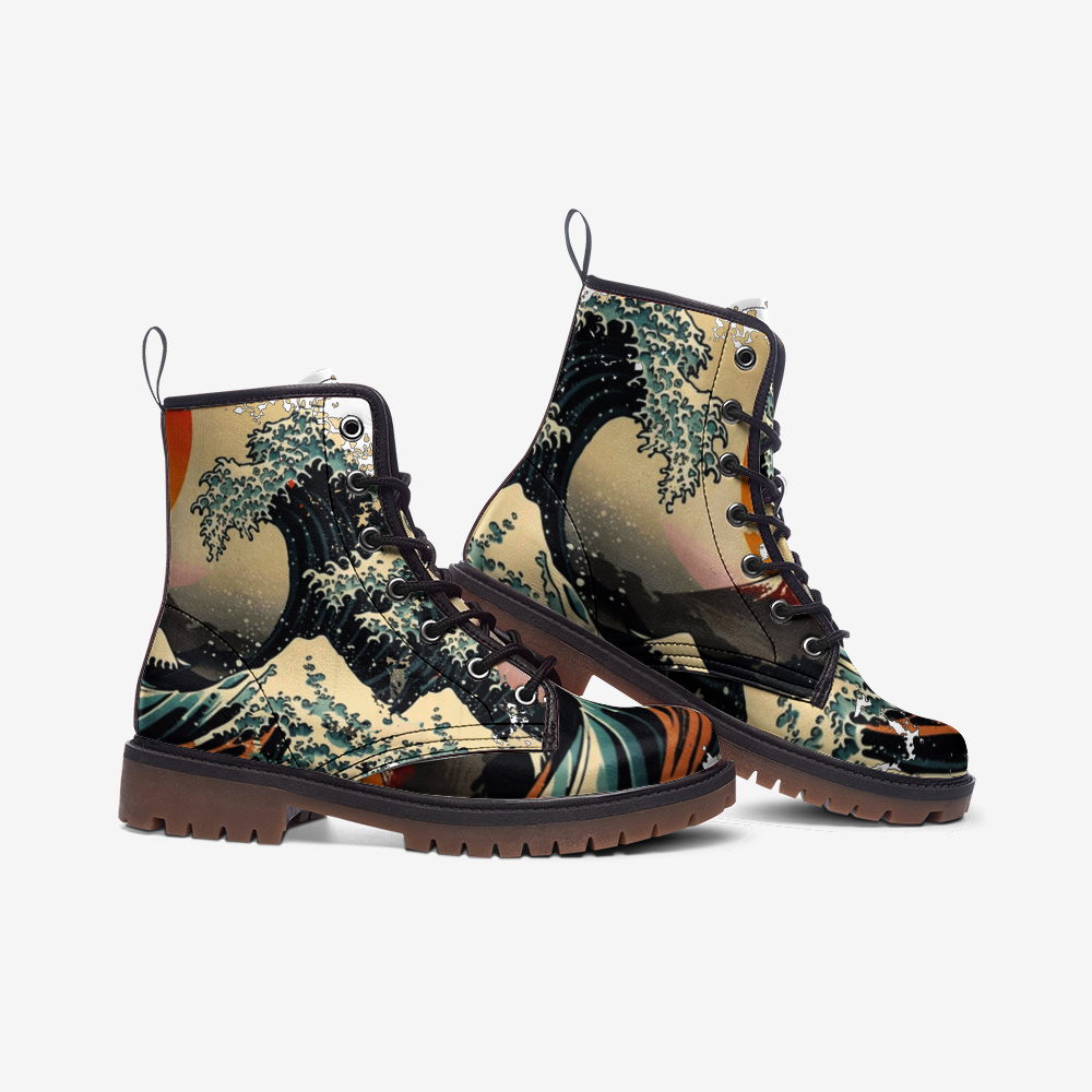 The Great Wave off Kanagawa Boots, Vegan Leather, Japanese Art, Womens Combat Boots, Lightweight boots