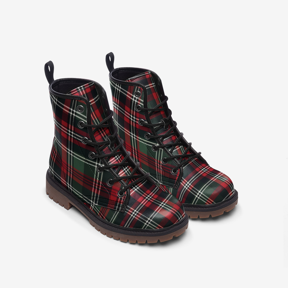 Red Scottish Tartan Boots, Combat Boots, Unisex Vegan Leather Boots, Lightweight Winter boots MT