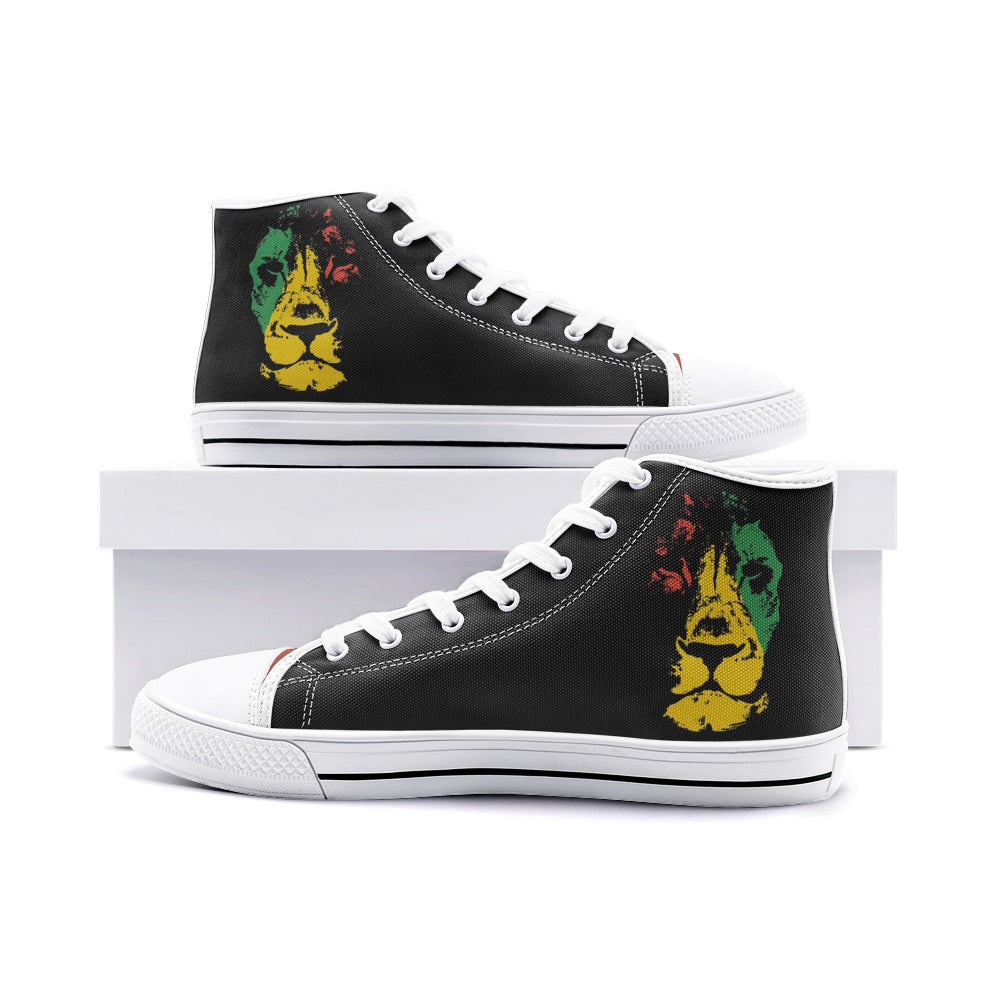 Rasta Lion Sneakers, Rastafari Schuhe, Jamaika Reggae Farben, Unisex High Top Canvas Schuhe