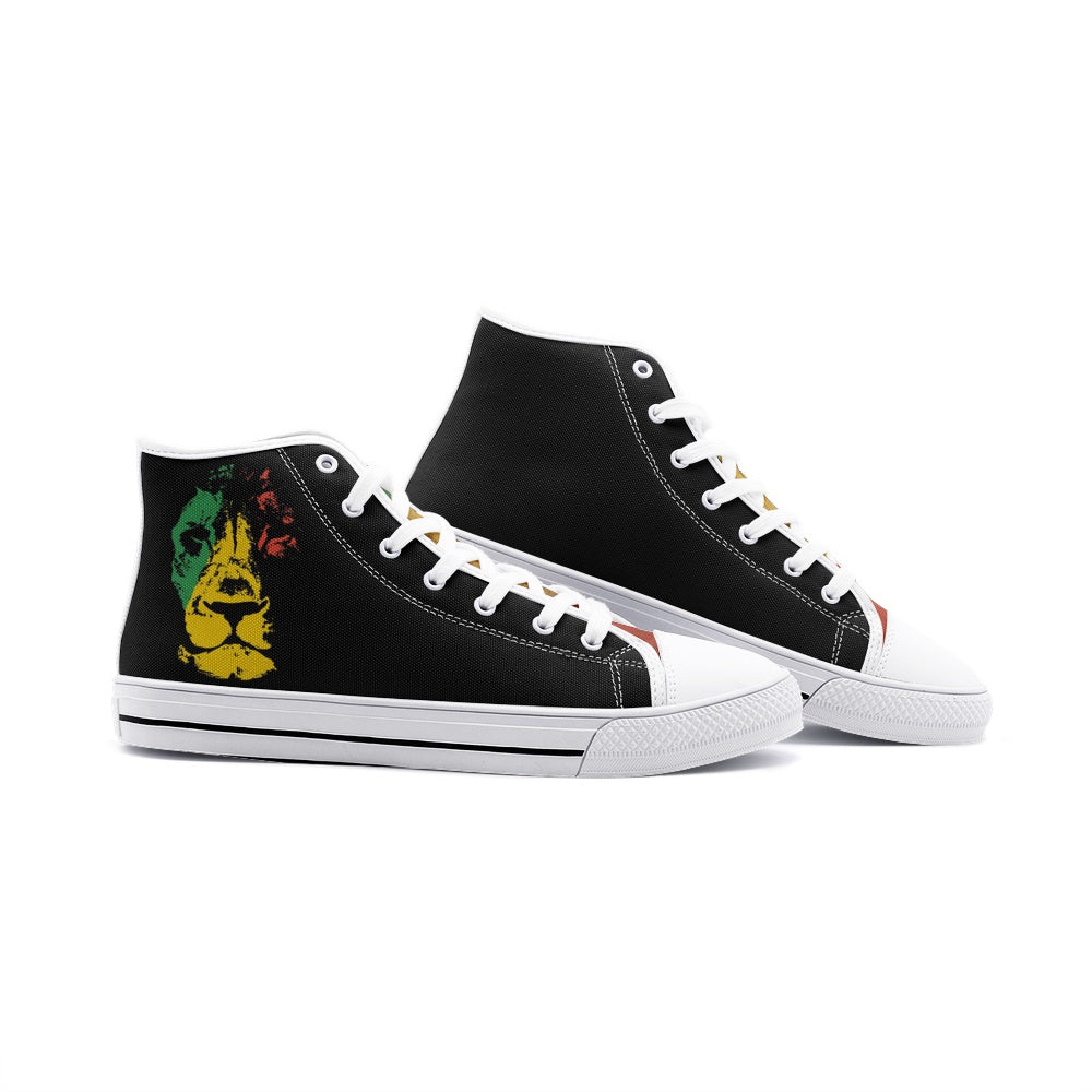 Rasta Lion Sneakers, Rastafari Schuhe, Jamaika Reggae Farben, Unisex High Top Canvas Schuhe