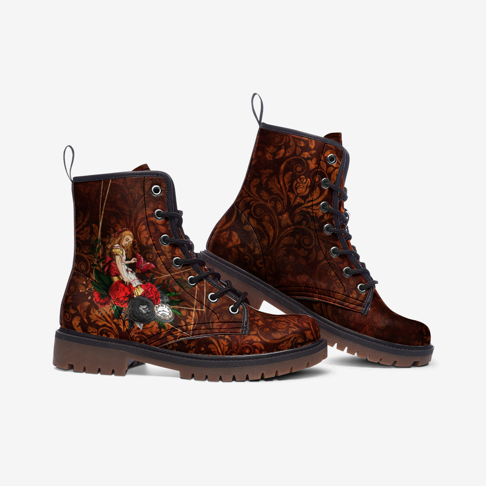 Alice in wonderland Boots, Combat Boots, Red Custom Shoes, Vegan Leather Boots,  Gifts for Her, Goth, Casual Cute Shoes