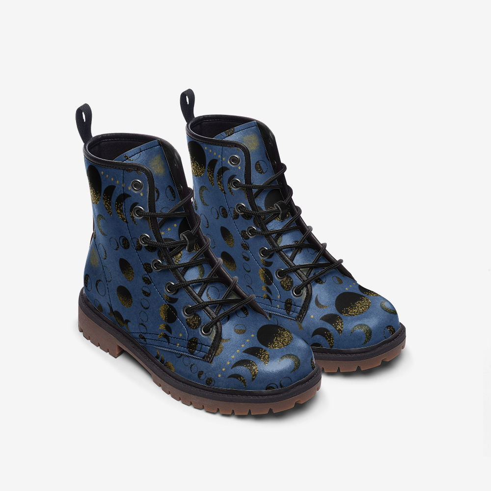 Glitzernde goldene Mondphase, Lunar Cycle Combat Boots, veganes Leder, leichte Stiefel MT