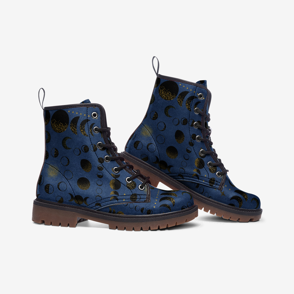 Glitzernde goldene Mondphase, Lunar Cycle Combat Boots, veganes Leder, leichte Stiefel MT