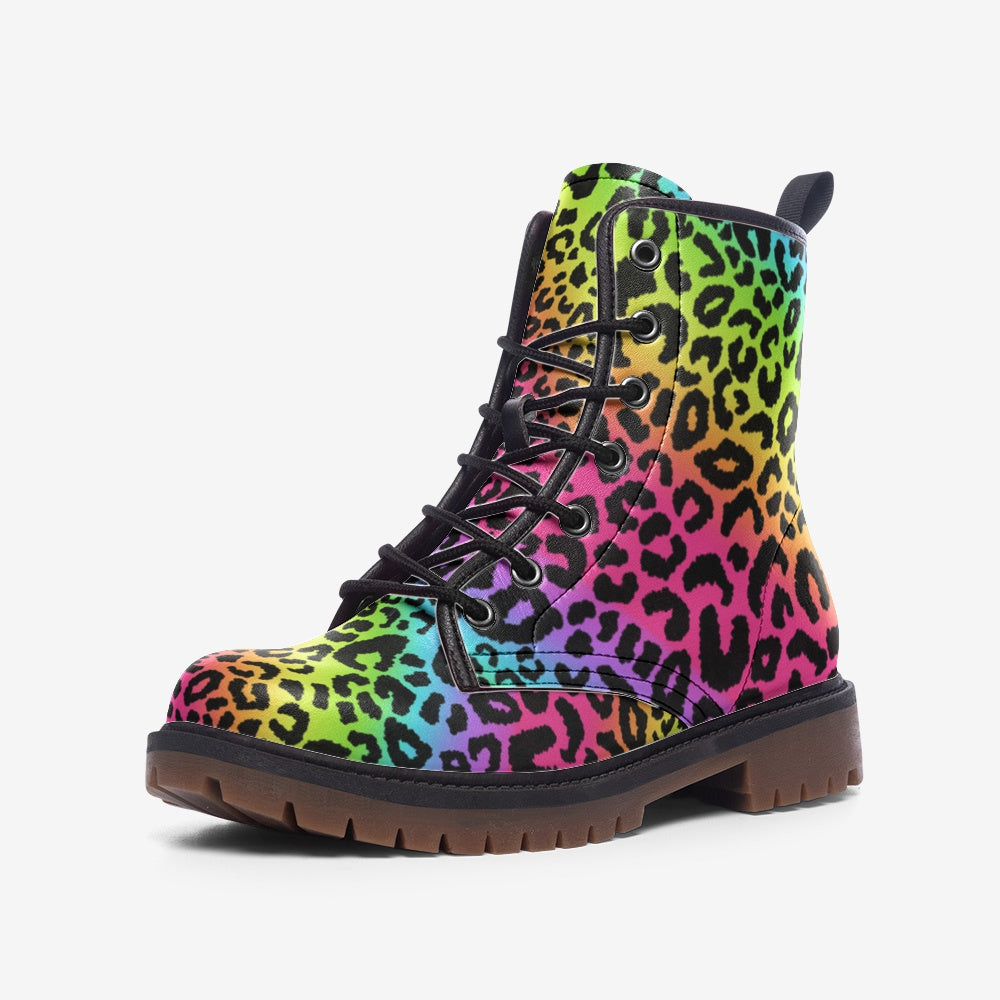 Rainbow Leopard Boots, Vegan Leather, Combat Boots, Lightweight boots