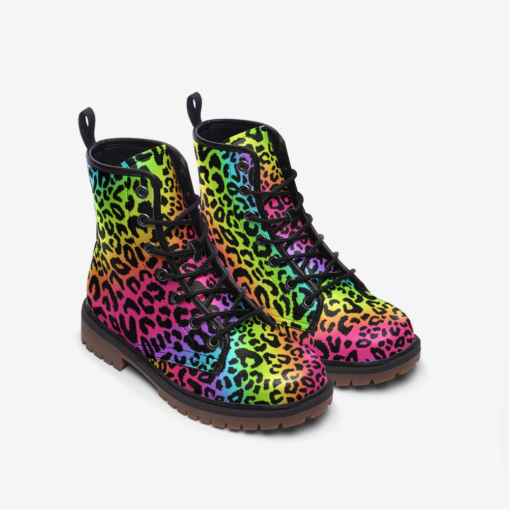 Rainbow Leopard Boots, Vegan Leather, Combat Boots, Lightweight boots