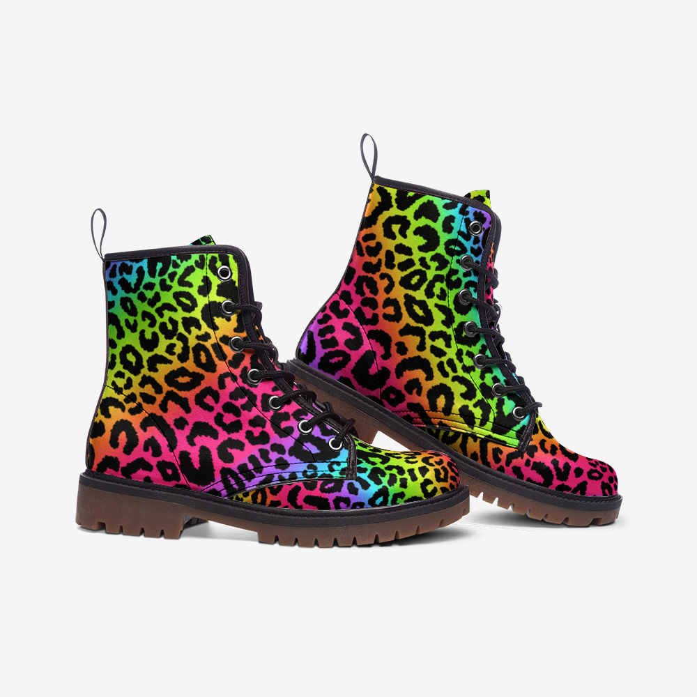 Rainbow Leopard Boots, Vegan Leather, Combat Boots, Lightweight boots