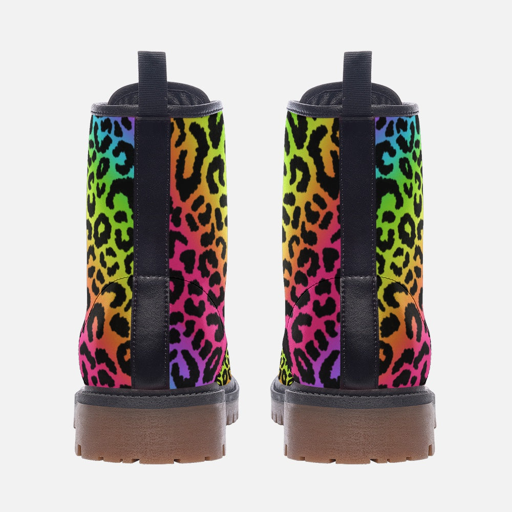 Rainbow Leopard Boots, Vegan Leather, Combat Boots, Lightweight boots