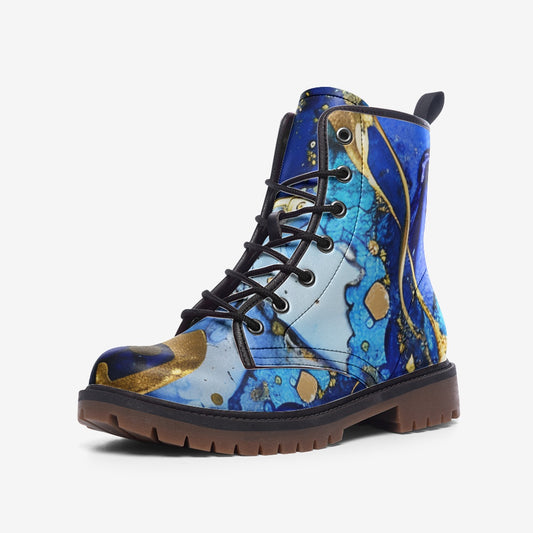 Royal Blue Marble Boots, Gold, Combat Boots, Vegan Leather Boots, Gift for Her, Casual Leather Lightweight boots MT