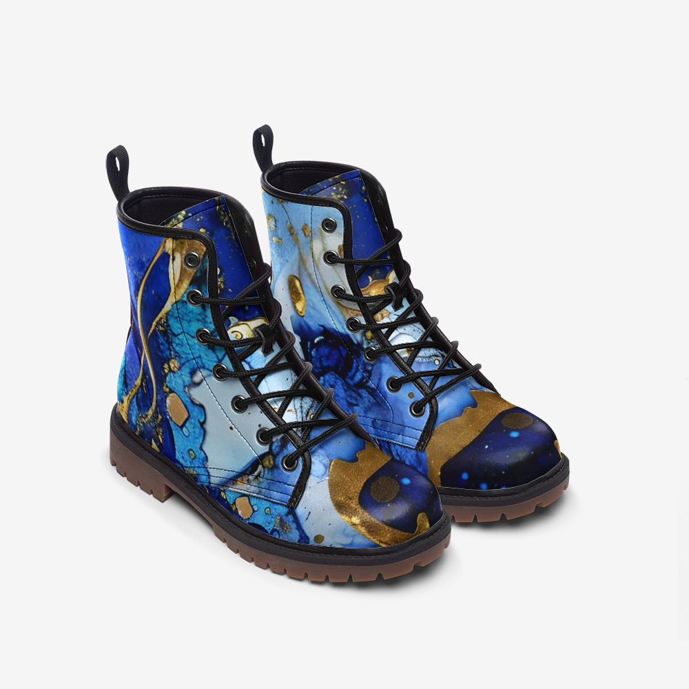 Royal Blue Marble Boots, Gold, Combat Boots, Vegan Leather Boots, Gift for Her, Casual Leather Lightweight boots MT