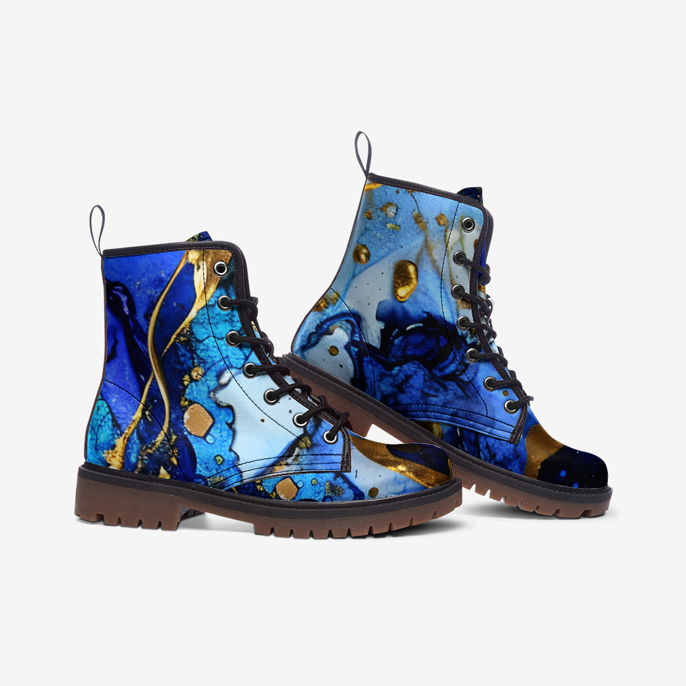 Royal Blue Marble Boots, Gold, Combat Boots, Vegan Leather Boots, Gift for Her, Casual Leather Lightweight boots MT