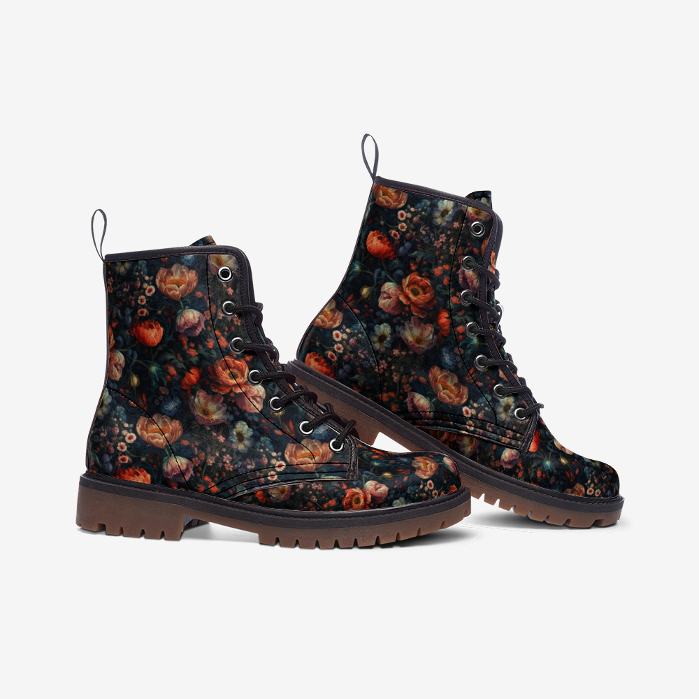 Floral Dark Academia Combat Boots, Vegan Leather Lightweight boots