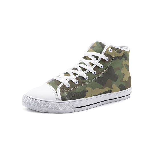 Camo High Top Shoes, Green Camouflage Sneakers Camo Footwear, available in black and in White, Men Women Gift, Unisex High Top Canvas Shoes