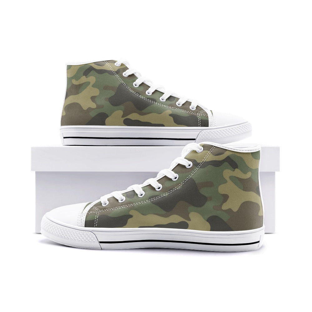 Camo High Top Shoes, Green Camouflage Sneakers Camo Footwear, available in black and in White, Men Women Gift, Unisex High Top Canvas Shoes