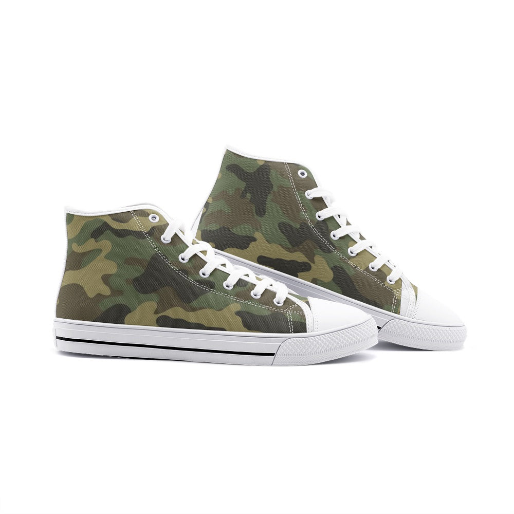 Camo High Top Shoes, Green Camouflage Sneakers Camo Footwear, available in black and in White, Men Women Gift, Unisex High Top Canvas Shoes