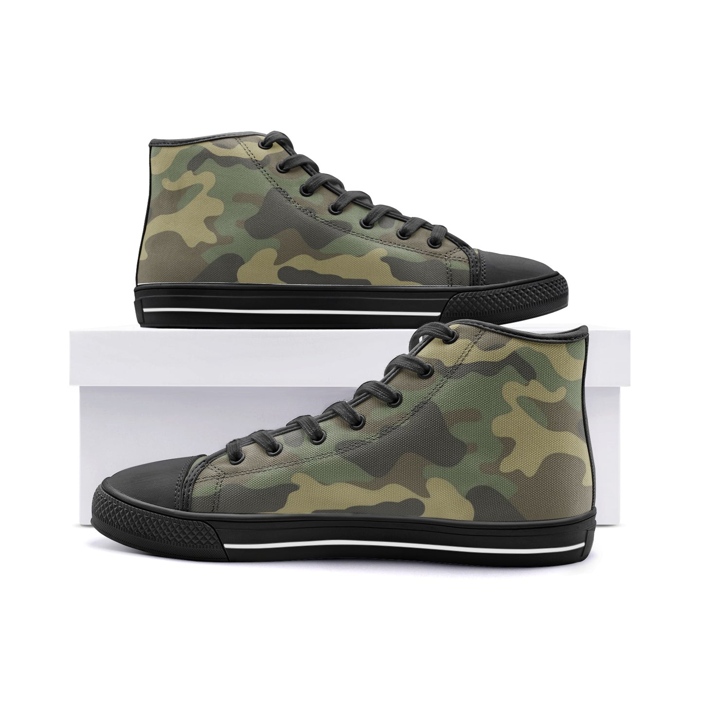 Camo High Top Shoes, Green Camouflage Sneakers Camo Footwear, available in black and in White, Men Women Gift, Unisex High Top Canvas Shoes