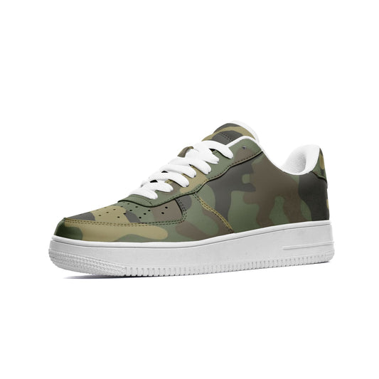 Camo Sneakers, Green Camouflage Sneakers, Camo Footwear, Military, Army, Unisex Low Top Leather Sneakers