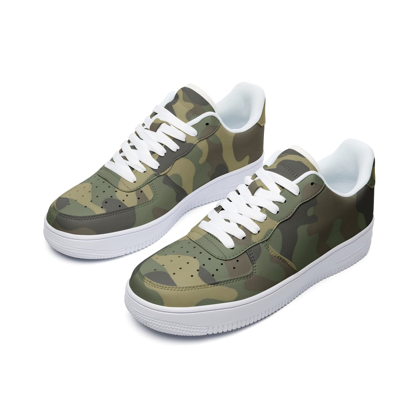 Camo Sneakers, Green Camouflage Sneakers, Camo Footwear, Military, Army, Unisex Low Top Leather Sneakers