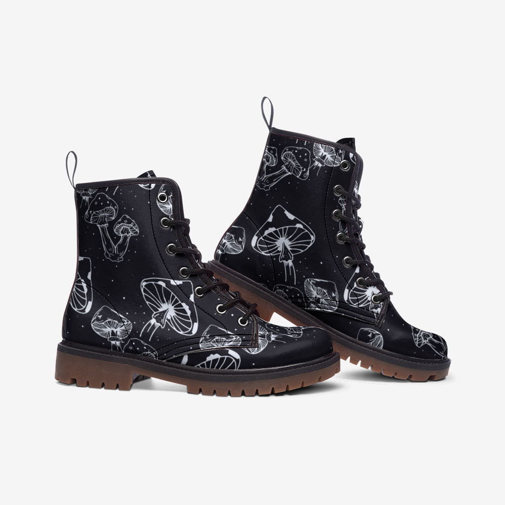 Mushroom Boots, Vegan Leather,  Combat Boots, Witchcore Festival Club, Mushroom Butterly Print Boots, Casual Leather Lightweight boots MT