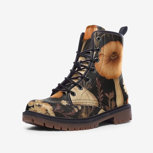 Goblincore Mushroom Boots,Vegan Leather,Combat Boots,Witchcore Festival Club,Mushroom Butterly Print Boots,Casual Leather Lightweight boots