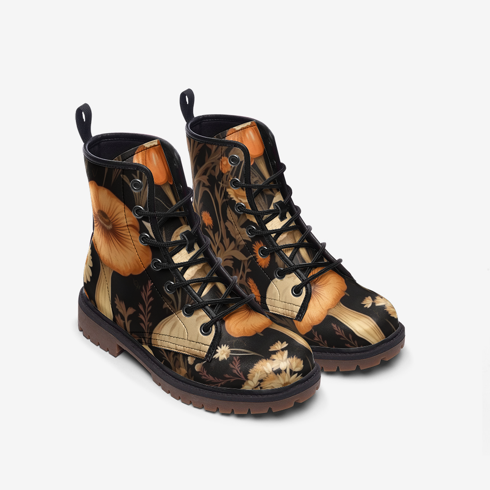 Goblincore Mushroom Boots,Vegan Leather,Combat Boots,Witchcore Festival Club,Mushroom Butterly Print Boots,Casual Leather Lightweight boots