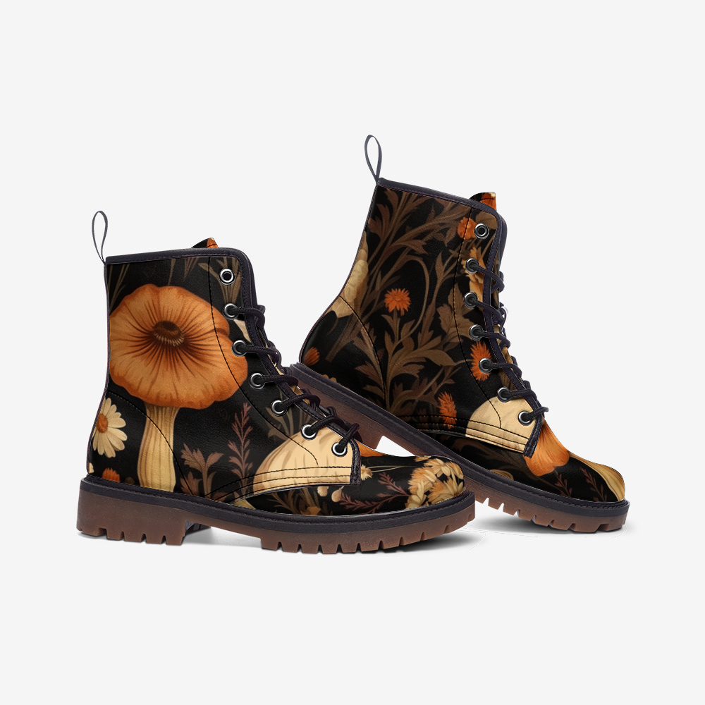 Goblincore Mushroom Boots,Vegan Leather,Combat Boots,Witchcore Festival Club,Mushroom Butterly Print Boots,Casual Leather Lightweight boots