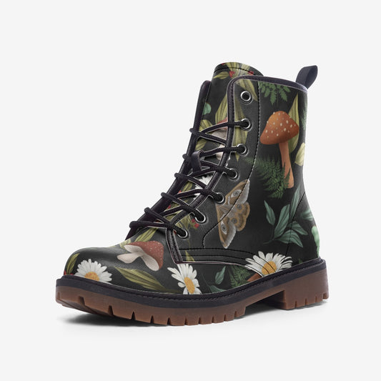 Goblincore Mushroom Boots,Vegan Leather,Combat Boots,Witchcore Festival Club,Mushroom Butterly Print Boots,Casual Leather Lightweight boots