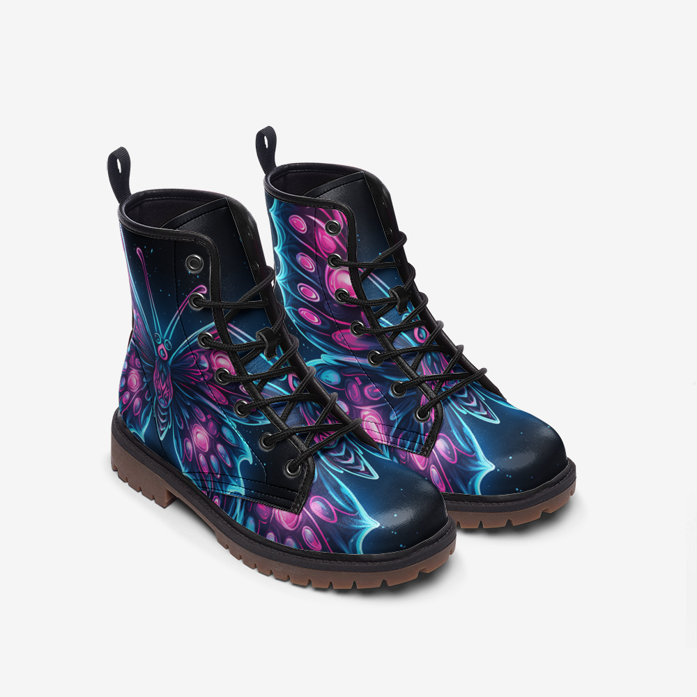 Butterfly Combat Boots, Neon Glowing, Vegan Leather, Girl Boots, Casual Lightweight boots MT