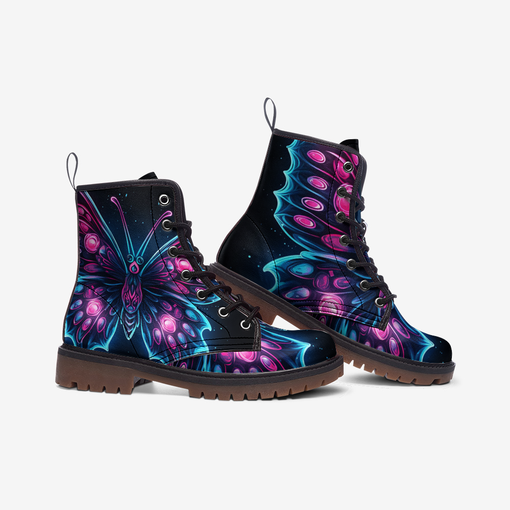 Butterfly Combat Boots, Neon Glowing, Vegan Leather, Girl Boots, Casual Lightweight boots MT